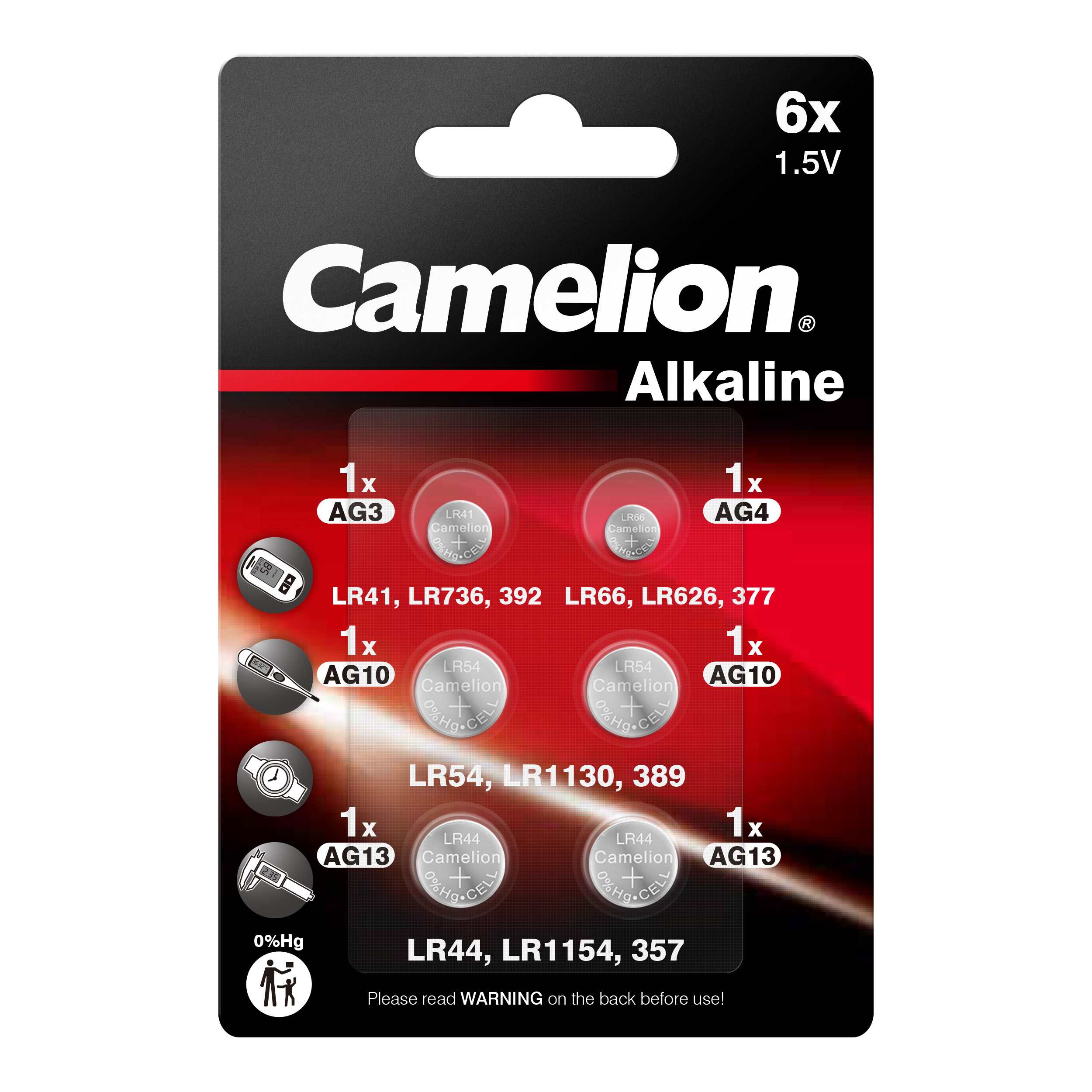 CAMELION Set di batterie a bottone alcaline AG, 6 pezzi (1xAG3, 1xAG4, 2xAG10, 2xAG13)